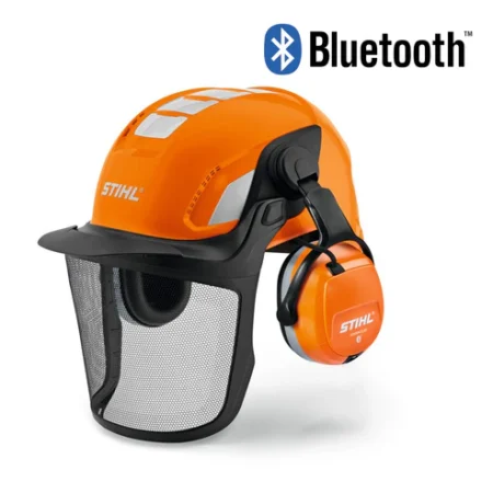 STIHL X-VENT Bluetooth Schutzhelm – Schutzhelm mit Maschenschild, Gehörschutz und Bluetooth-Audio