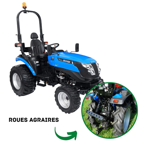 Solis 26 hydrostatisch Kompakttraktor mit 26 PS, Hydrostatgetriebe und Allradantrieb bei landwirtschaftlicher Arbeit auf einem Feld.