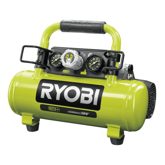Leiser tragbarer Ryobi Akku-Kompressor 18 V ohne Batterie Frontansicht