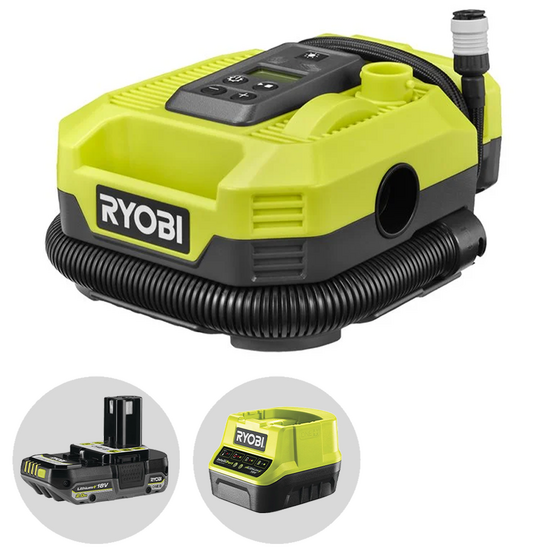 Leiser tragbarer Ryobi Akku-Luftkompressor 18 V 2 Ah Frontansicht