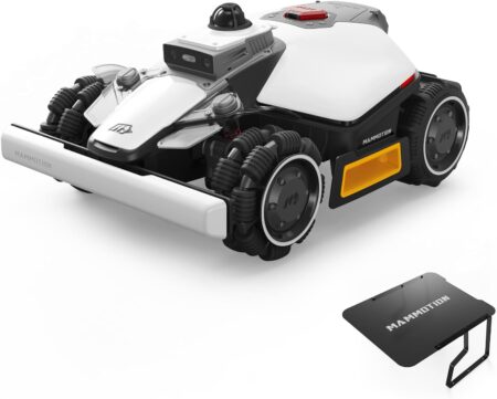 Der robuste Mammotion Luba 2 AWD 1500 Mähroboter mit mini-garage fährt präzise über einen steilen Rasenhang im Garten.
