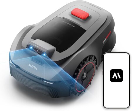 Der kompakte MOVA ViAX 250 Rasenroboter für all-terrain fährt dank seiner KI-Doppelvision präzise über ein unebenes Gartengrundstück.