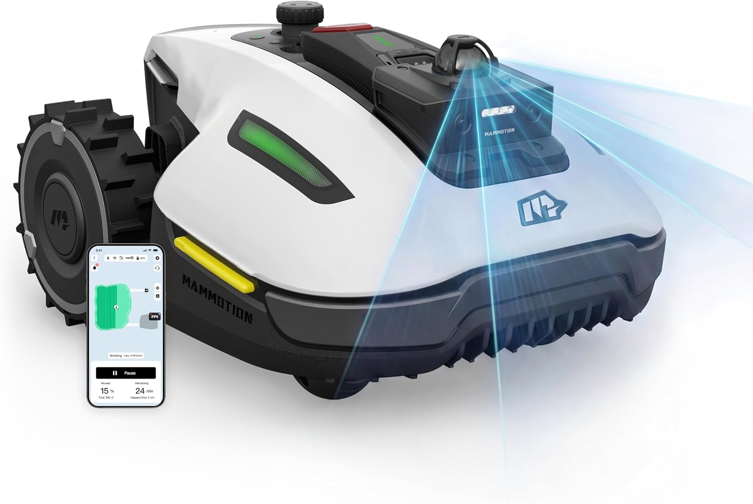 Der innovative MAMMOTION YUKA Mini 2 roboter rasenmäher arbeitet präzise auf einer grünen Rasenfläche.