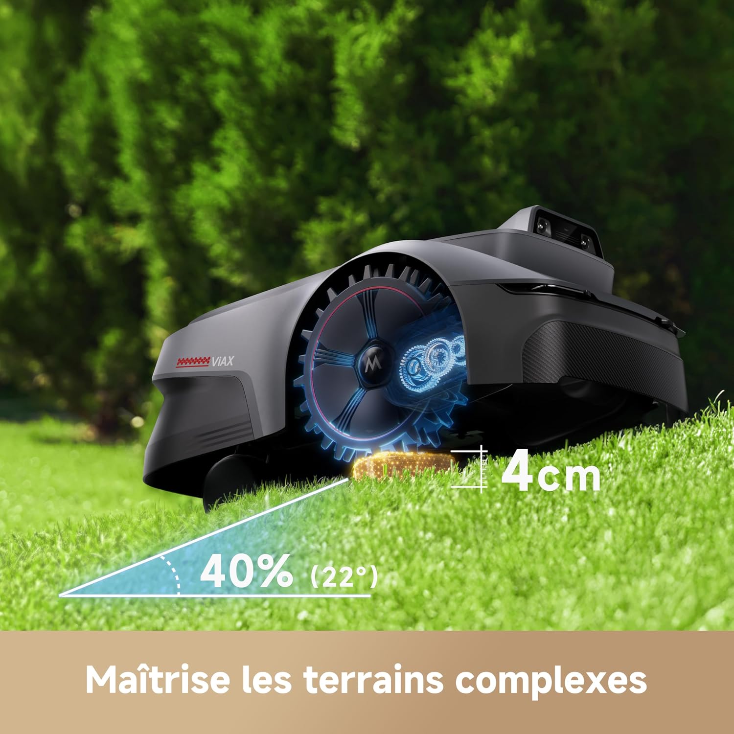 Der schwarze MOVA ViAX 500 Rasenroboter mit 360° lidar navigiert mithilfe seiner KI-Doppelvision präzise über ein Gartengrundstück.