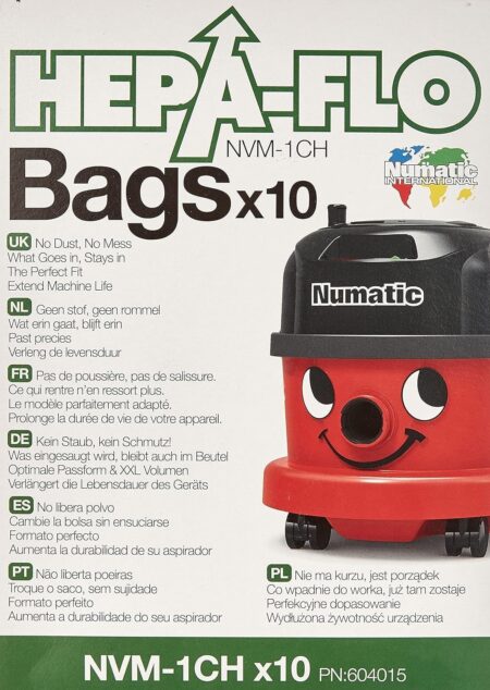 Eine geöffnete Box mit Numatic Henry NVM-1CH Staubsaugerbeuteln im Zehnerpack für die professionelle Bodenreinigung.